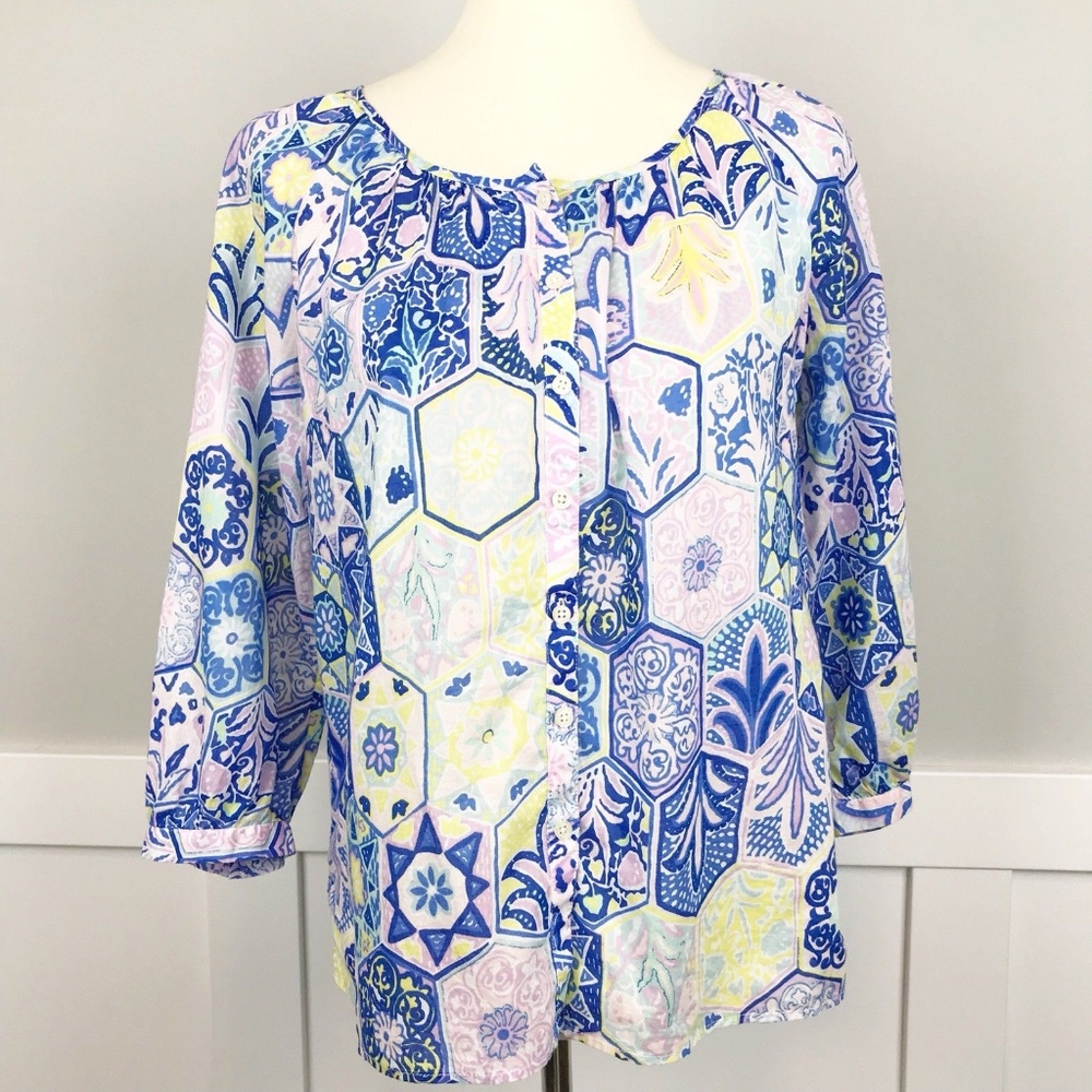 Talbots Button Front Blouse Vivid Multi Color